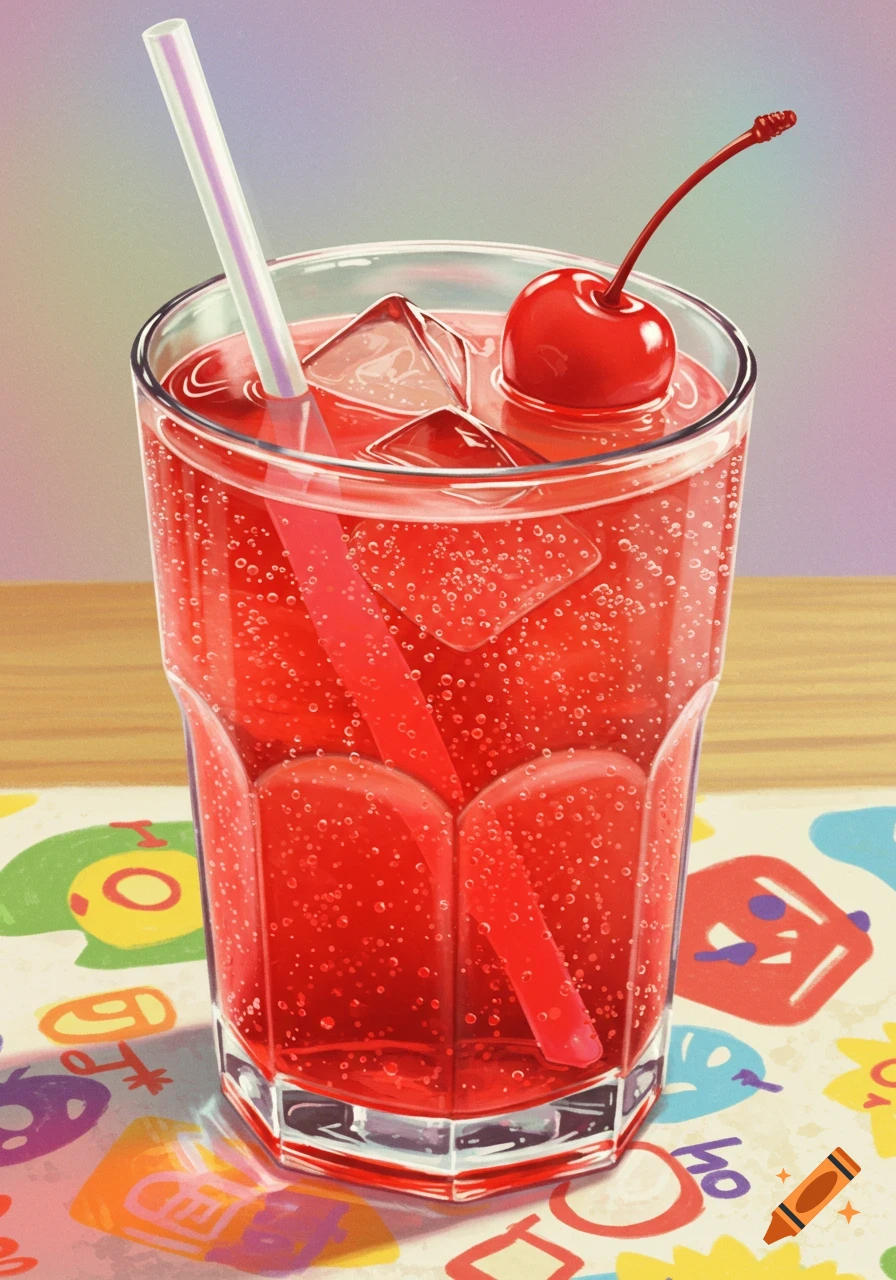 A Shirley Temple mocktail in a glass with ice and a cherry.