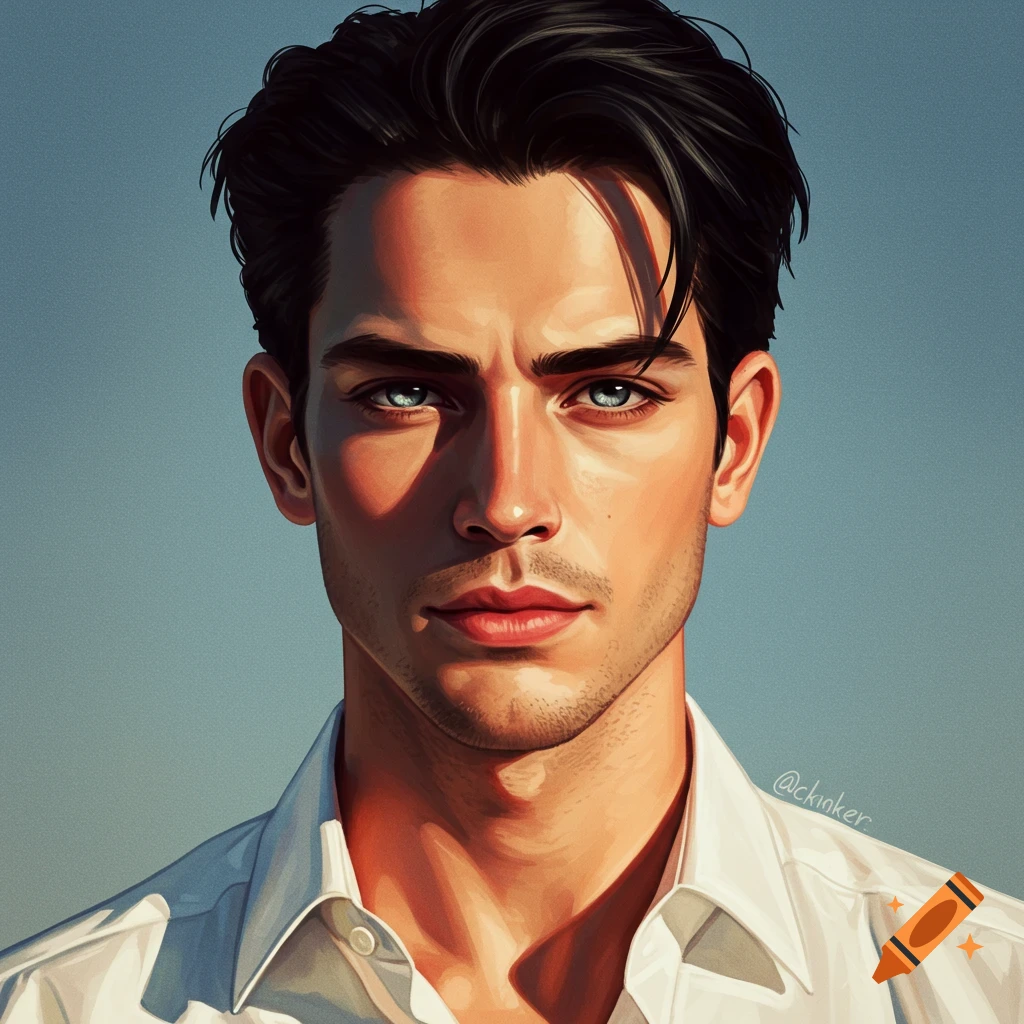 A young man in a white shirt looking forward against a blue background.