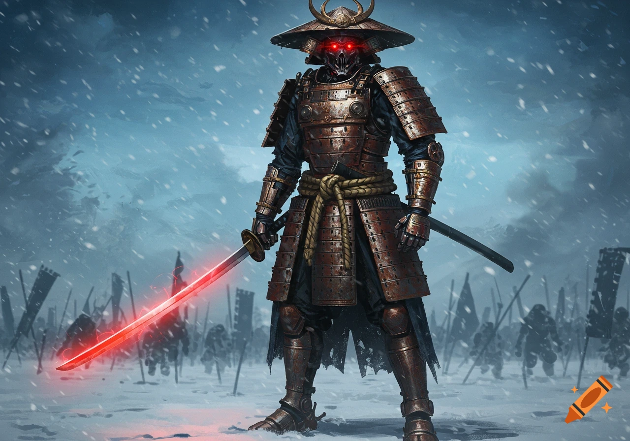 A mechanical samurai warlord with glowing red eyes stands in a snowy battlefield holding a glowing red katana.