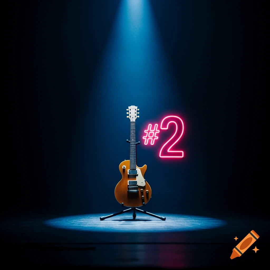 A guitar on a stand on a stage illuminated by a blue spotlight, with a large pink neon "#2" sign behind it.