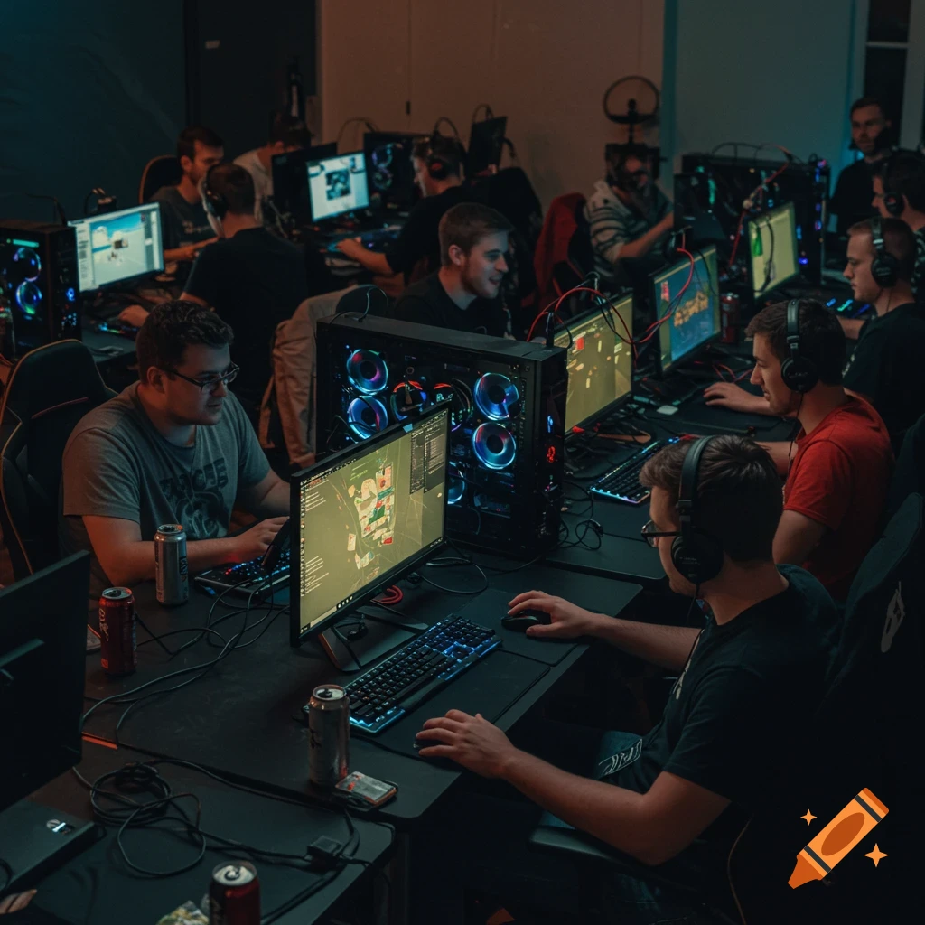 People playing video games at computers in a room setup like a LAN party.