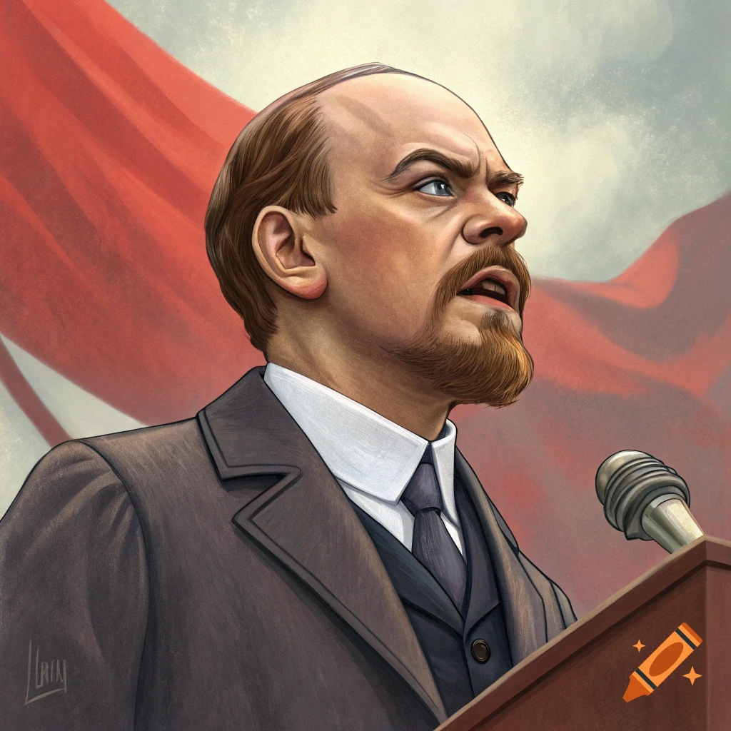 Illustration of a man resembling Vladimir Lenin speaking at a podium with a large red flag behind him.