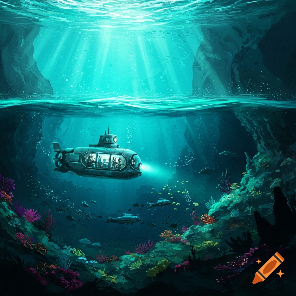 A submarine explores a colorful coral reef with shafts of light streaming from the surface.