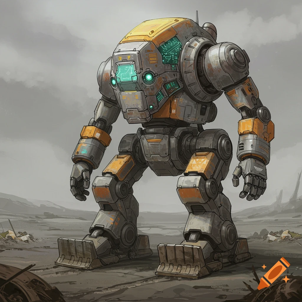 A bulky, industrial robot with a large head and shovel-like feet standing in a desolate landscape.