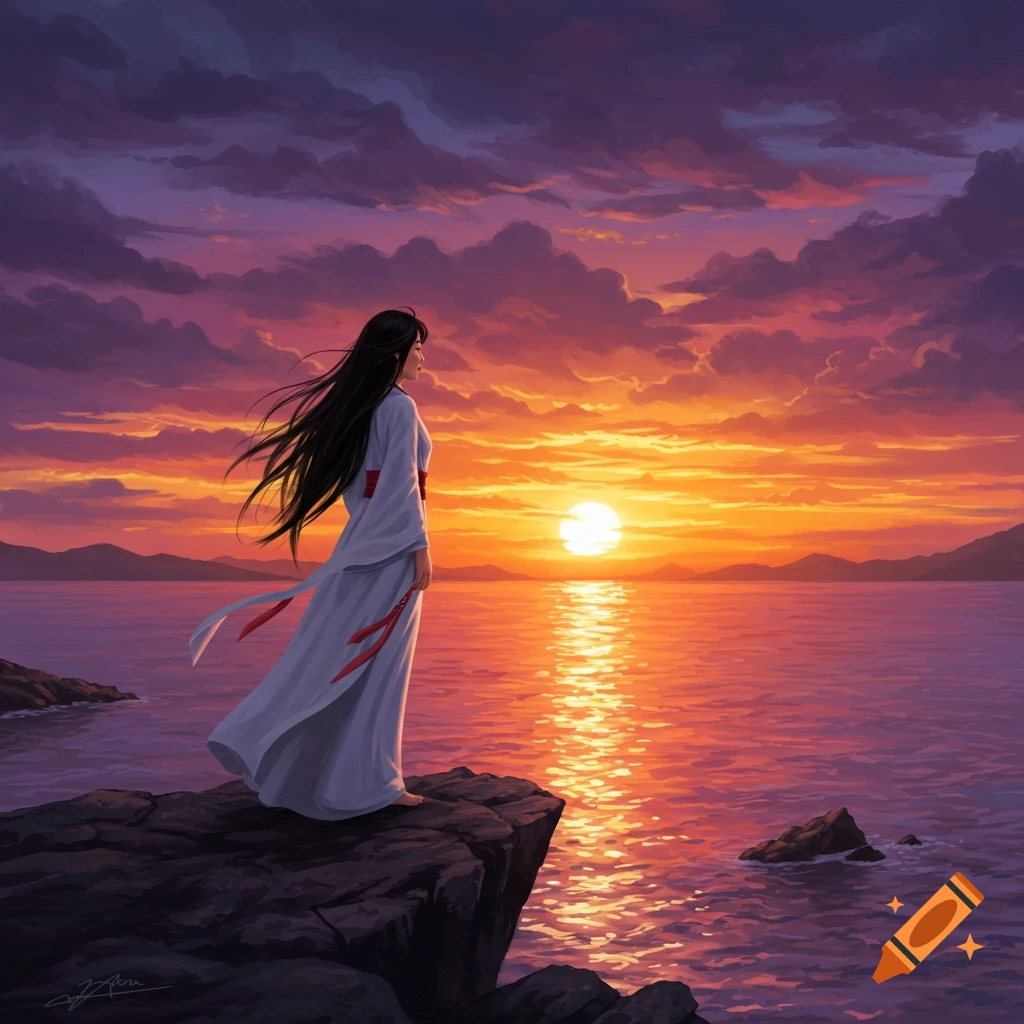 A woman on a cliff gazing at a vibrant sunset over the ocean.