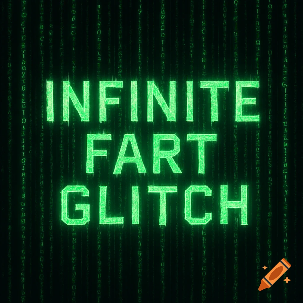 Glowing green text 'INFINITE FART GLITCH' over matrix code background.