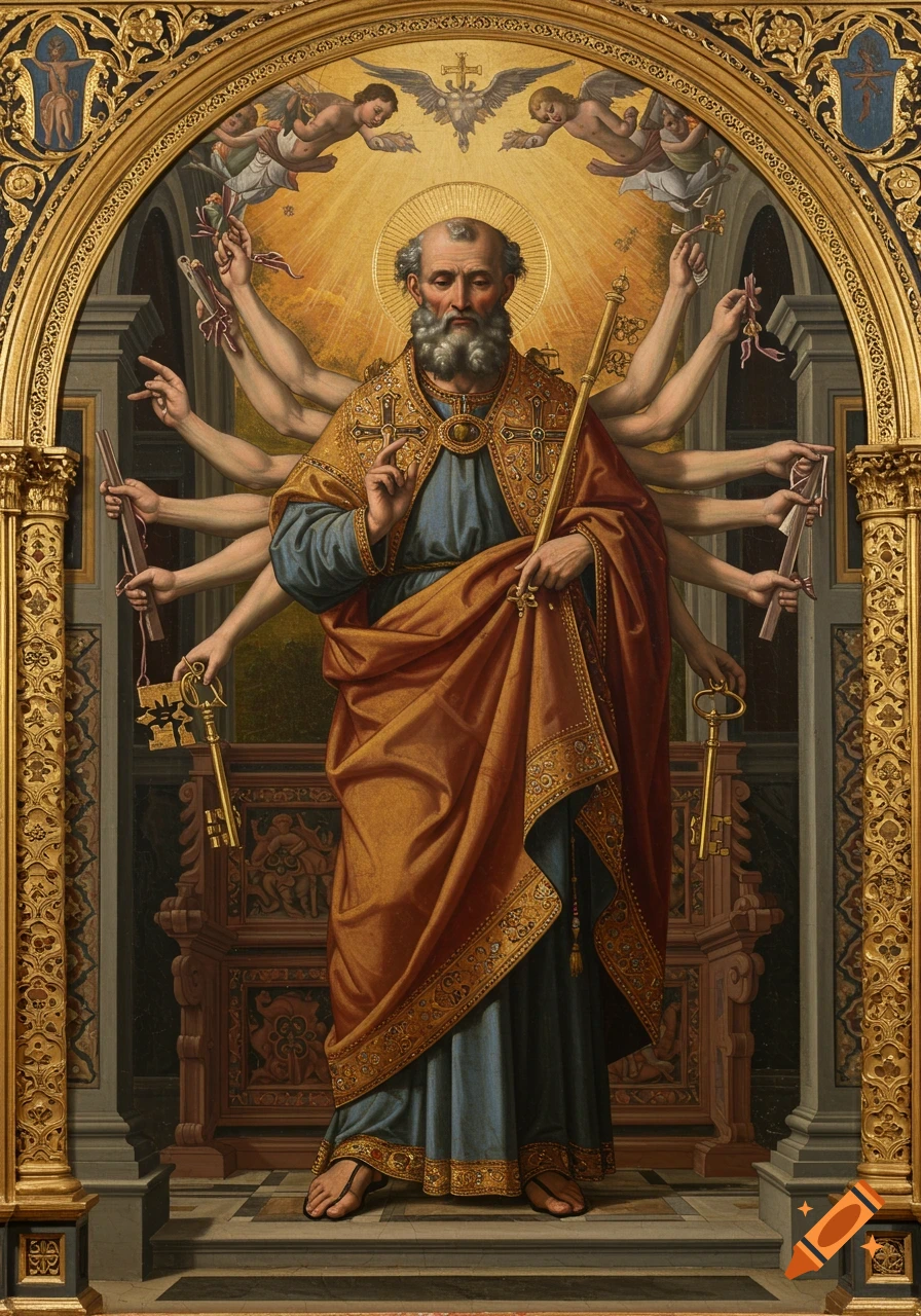 A renaissance altarpiece painting of Saint Peter with multiple arms holding keys and a staff.