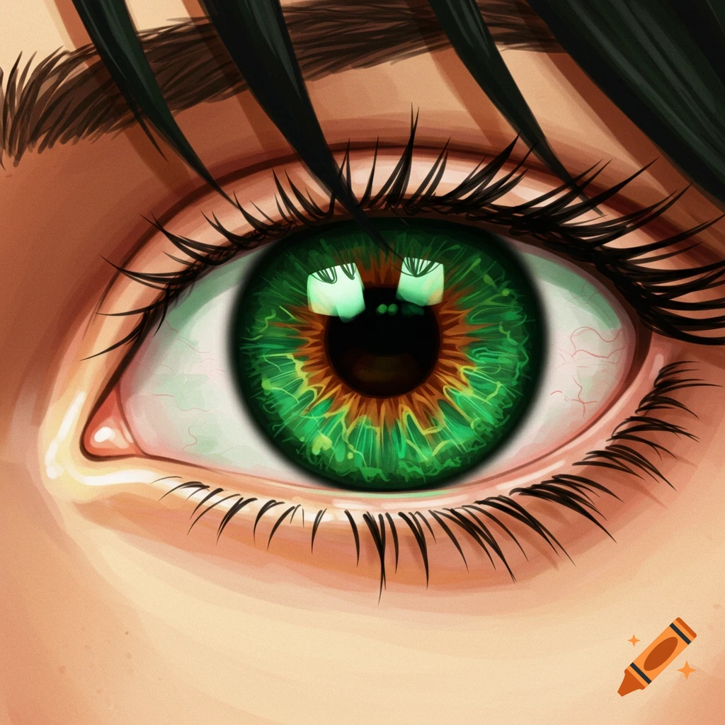 Close-up of an anime eye with green and brown iris