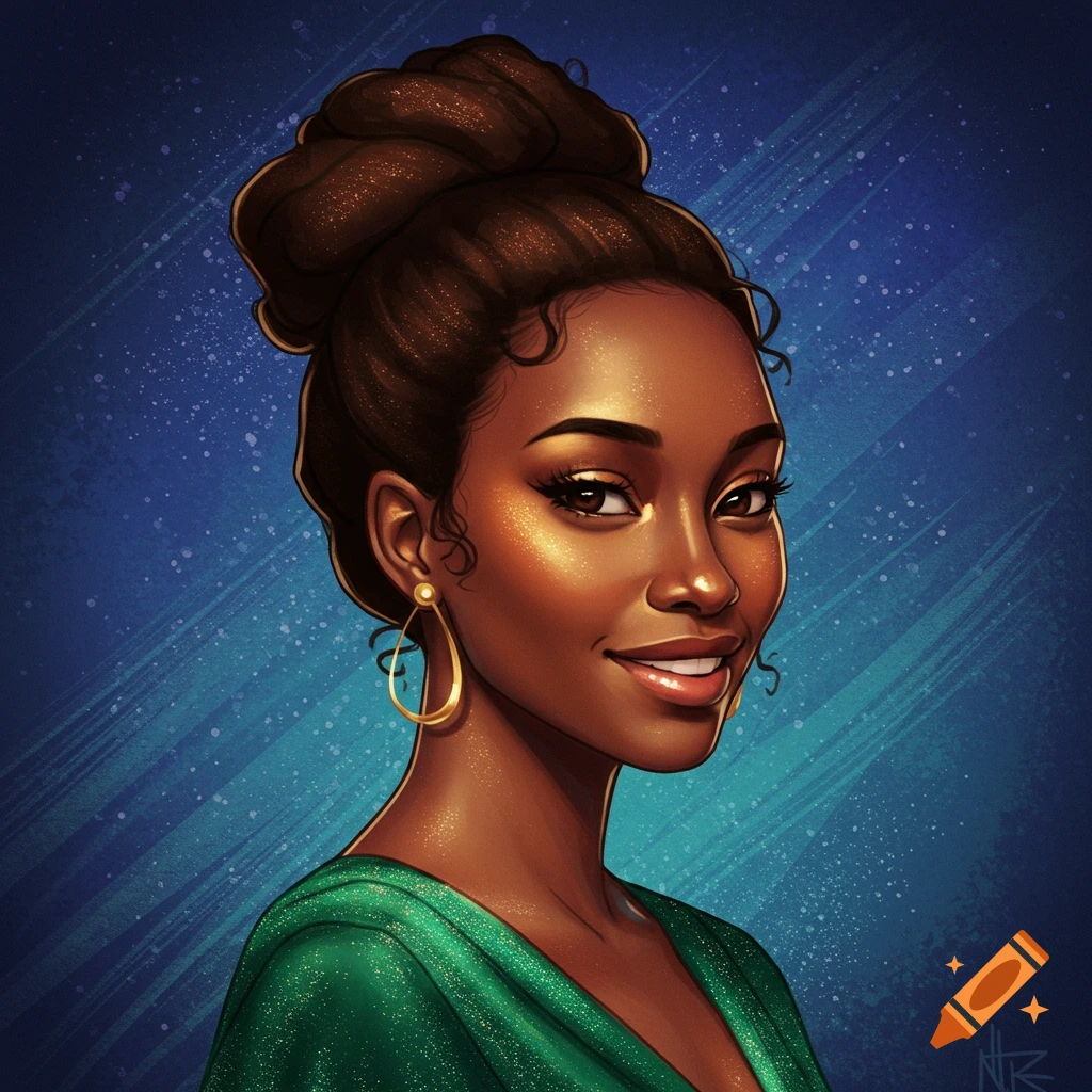 A Black woman smiling, with her hair in a bun, wearing a green dress and gold earrings against a blue background.