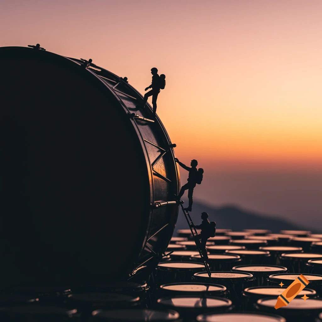 Miniature figures climb a giant drum against a sunset.