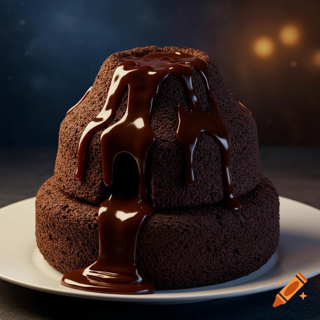Two-tier chocolate cake with chocolate sauce dripping down, on a white plate. Photorealistic.