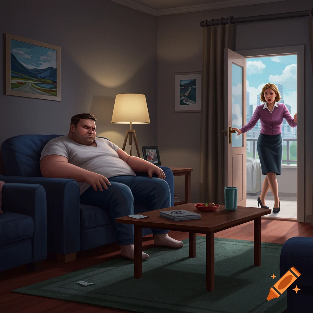 A frustrated man is slouched in a living room chair as a worried woman leaves through a balcony door overlooking a city.