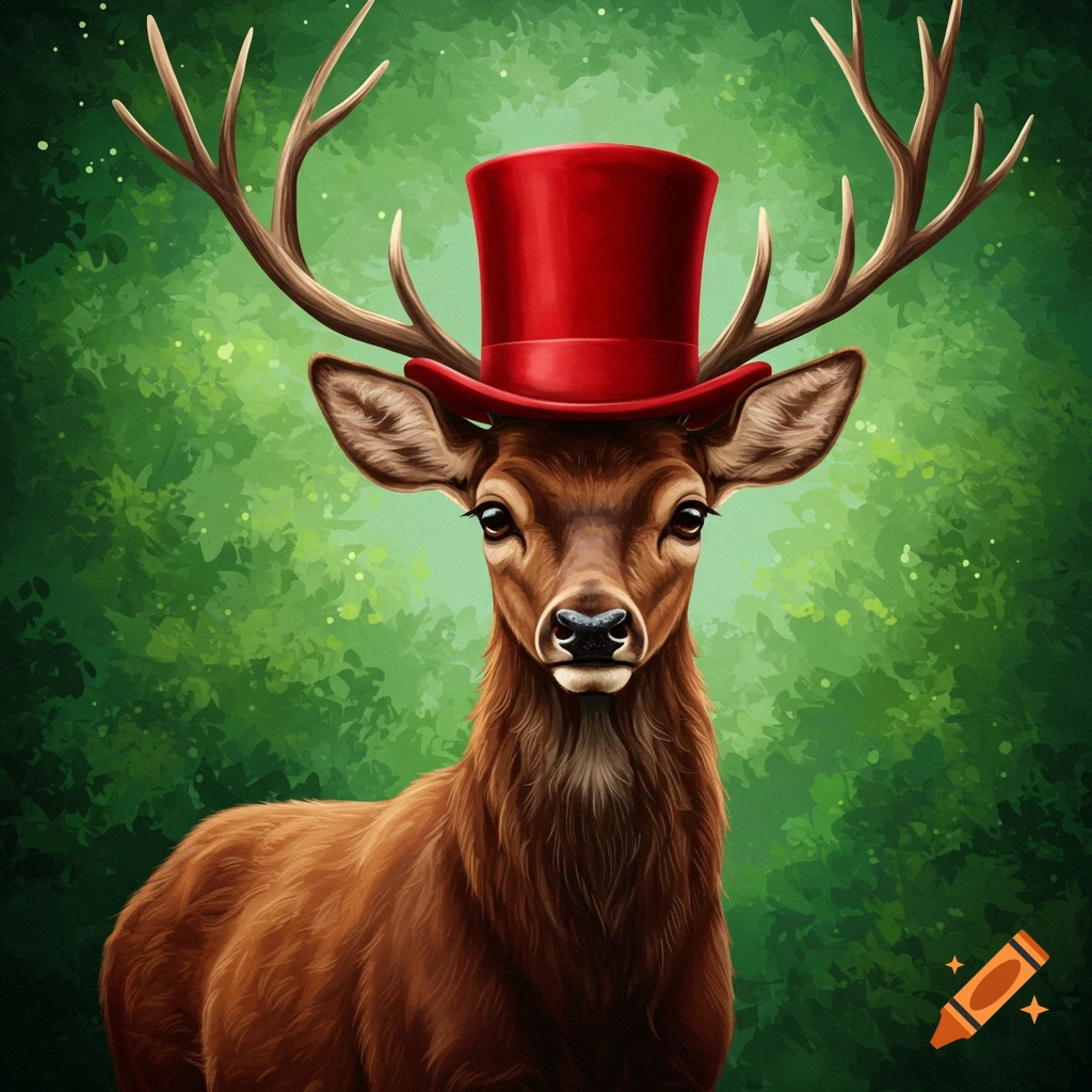 A deer wearing a red top hat against a green background.