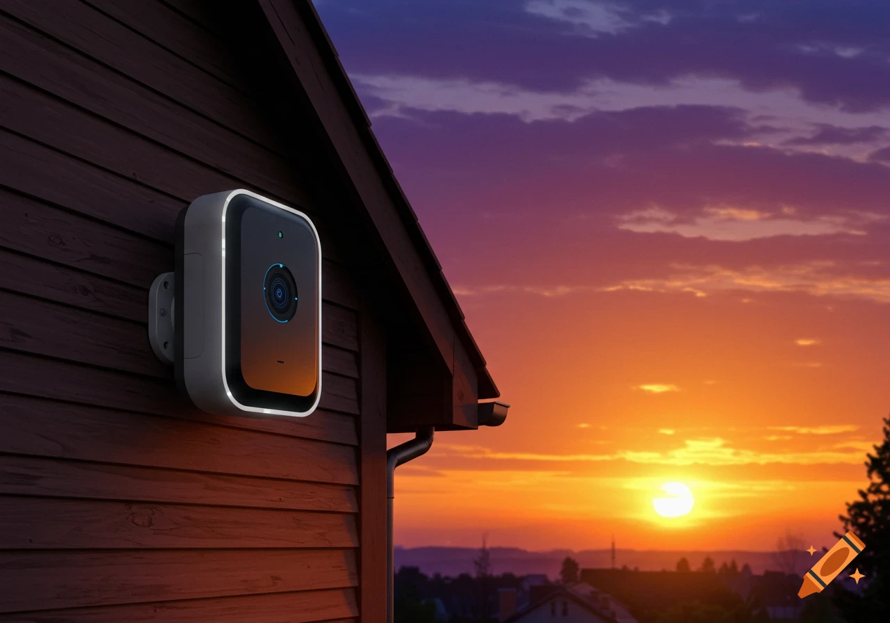 A security camera mounted on the side of a house during a vibrant sunset.