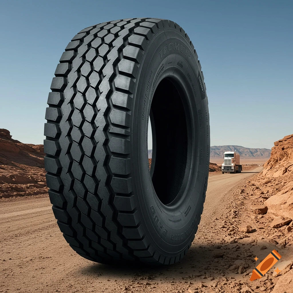 Large truck tire on a dirt road with a truck in the background