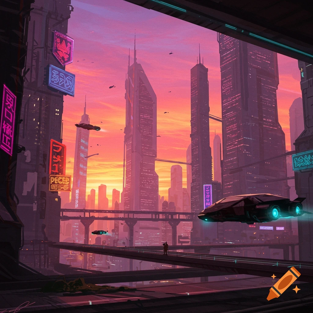 A futuristic city at sunset with skyscrapers, flying vehicles, and neon signs.
