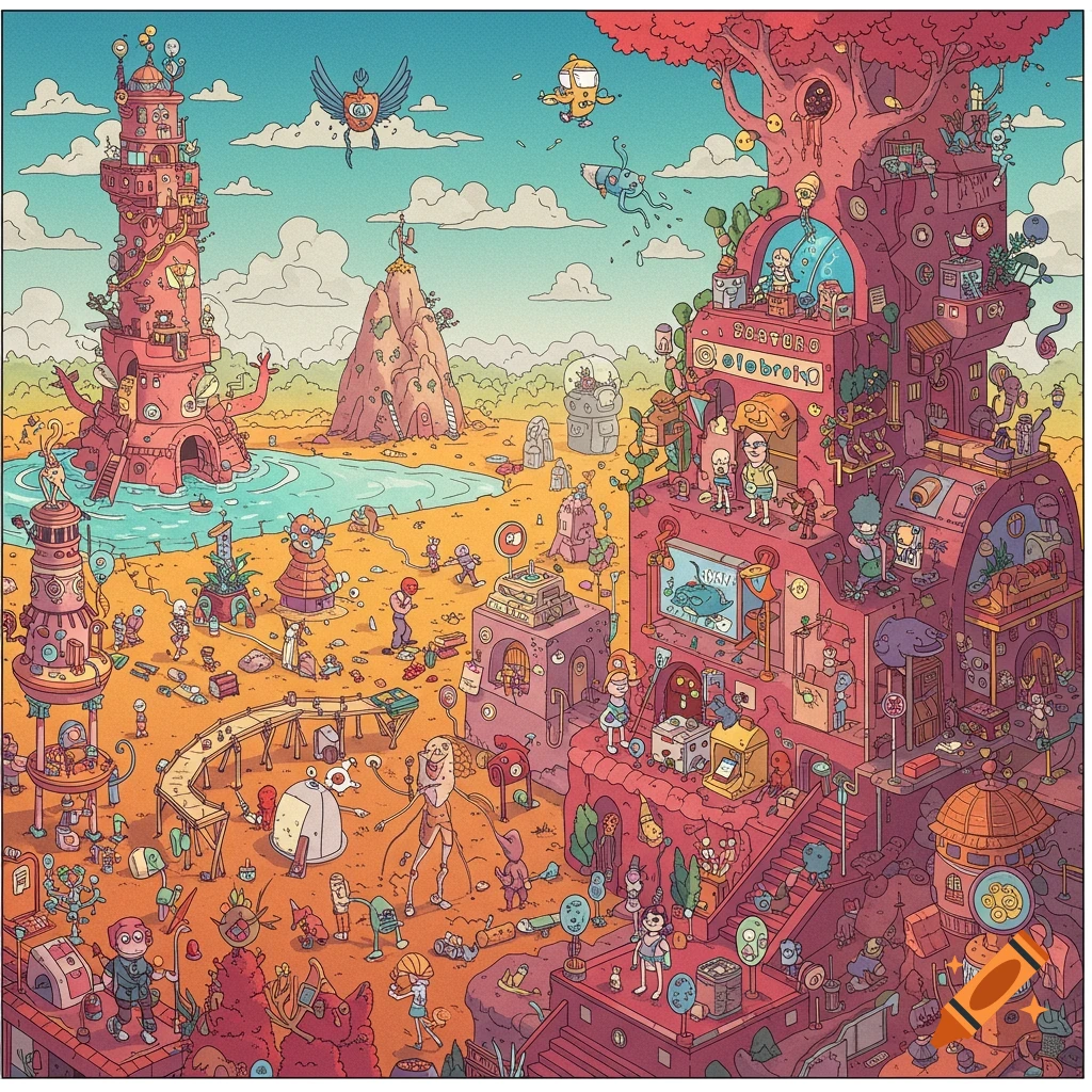 Detailed, whimsical illustration of a crowded fantasy landscape with strange buildings, a pond, and many quirky figures and creatures.