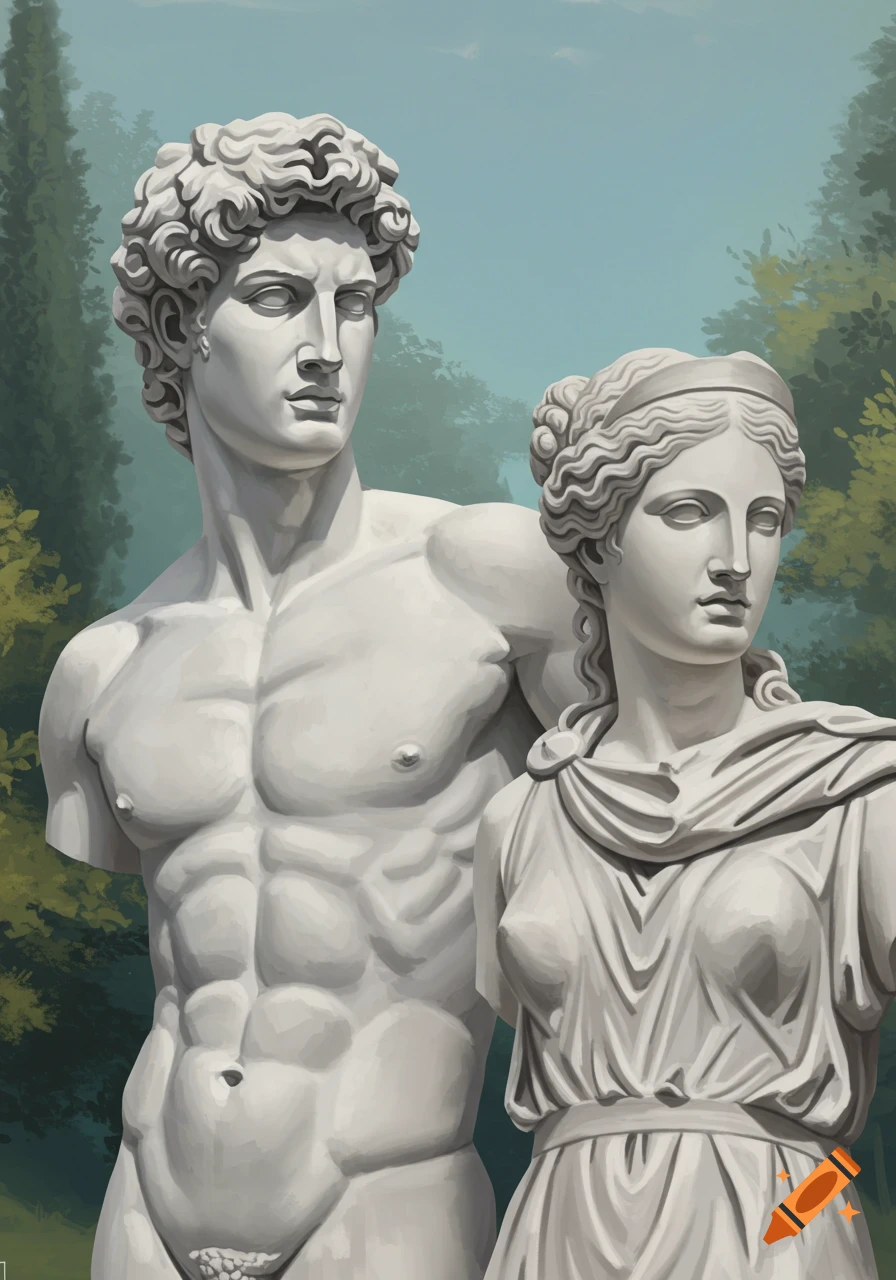 Greek statues of a man and woman outdoors
