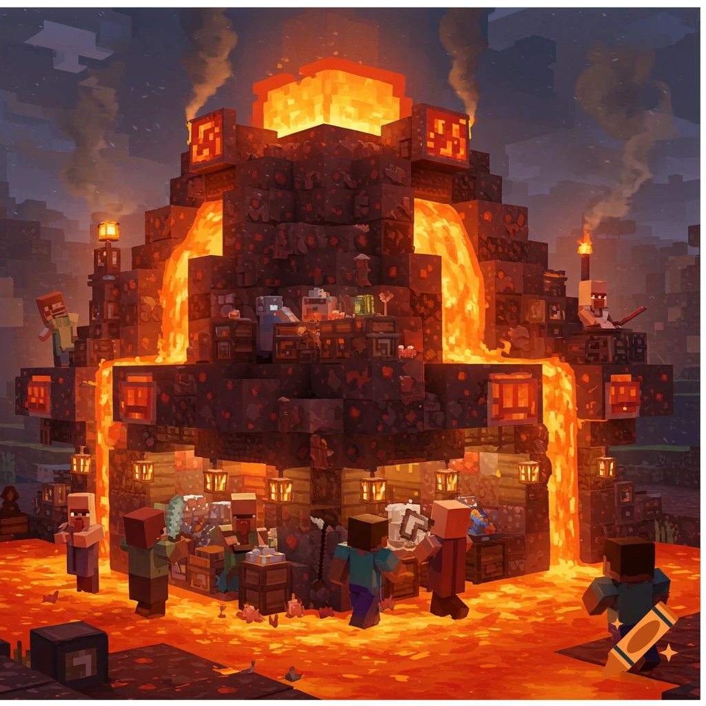 Minecraft picture of a lava shop with blocky characters standing on lava.