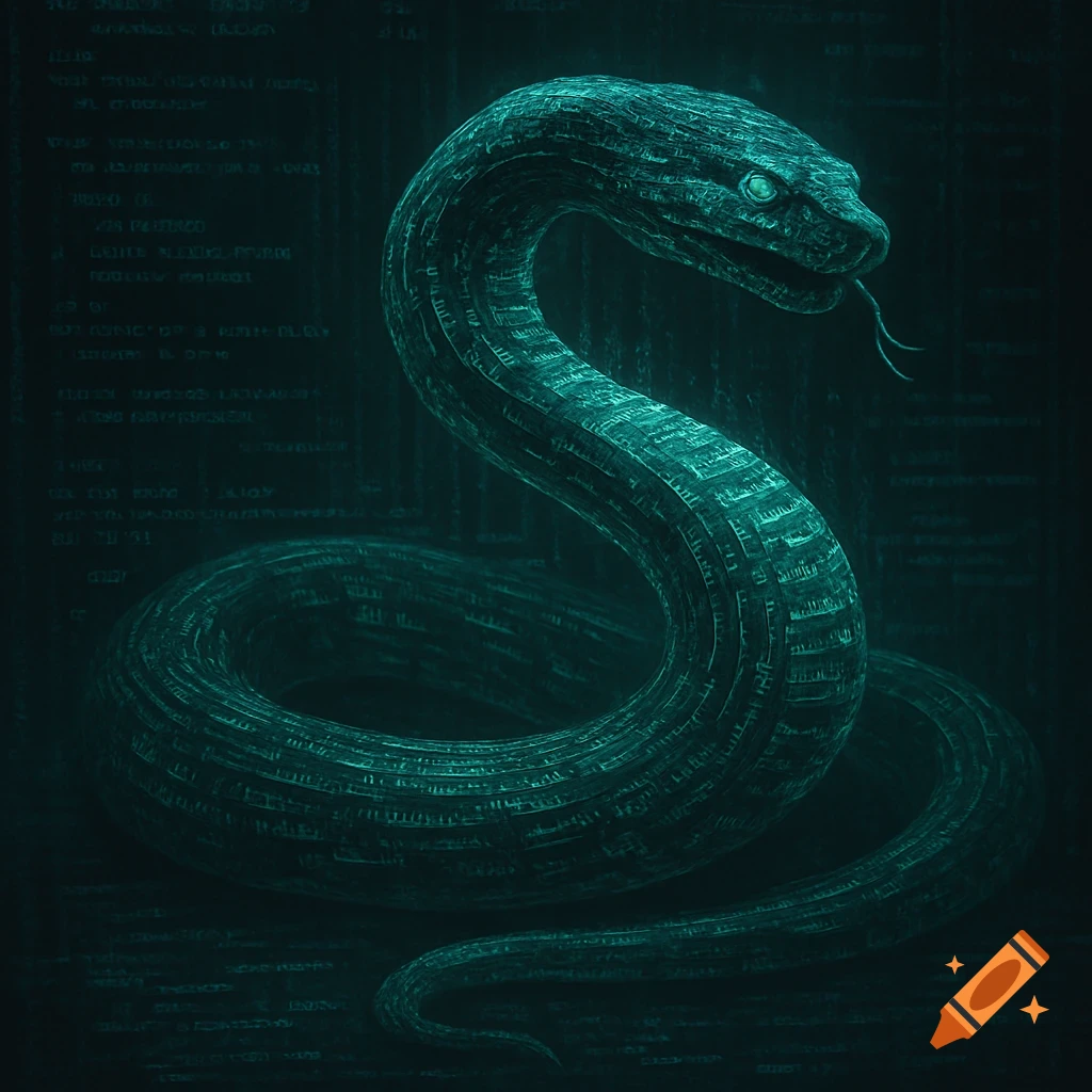 A snake made of code against a dark, coded background.