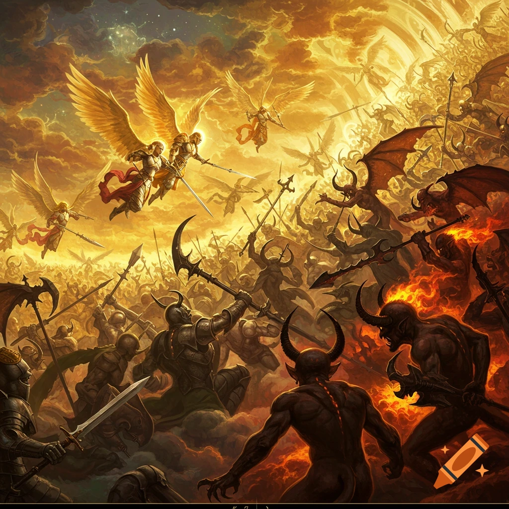 A celestial battle between angels and demons in a golden sky
