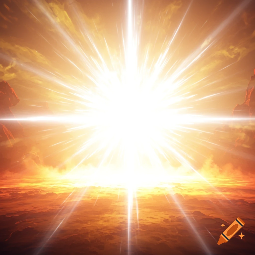 A brilliant white light explosion over a fiery orange landscape with clouds and distant mountains.
