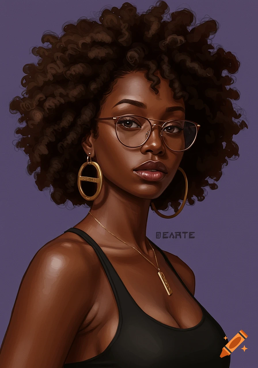 Portrait of a Black woman with curly hair, glasses, and large hoop earrings.