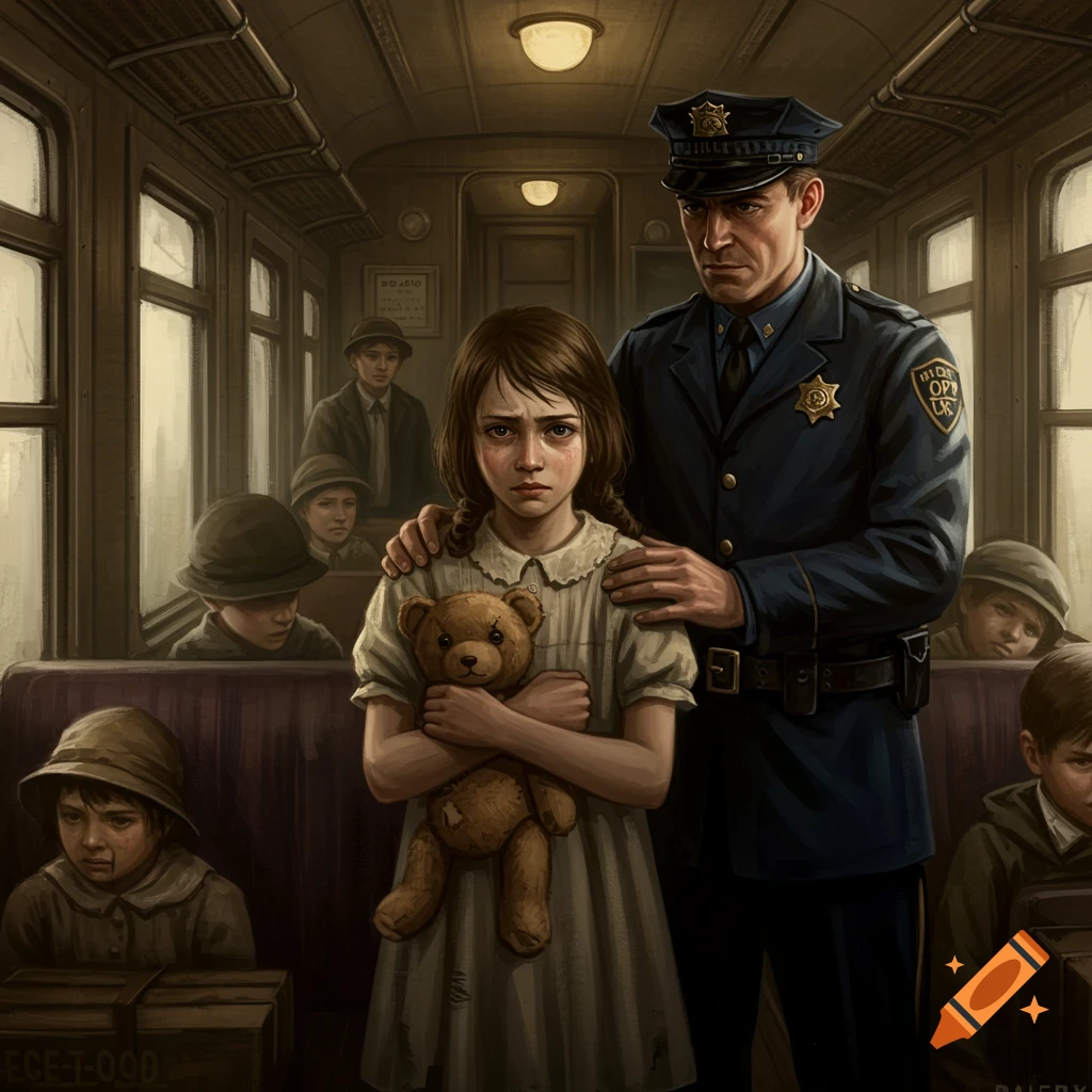 A sad young girl holding a teddy bear stands next to a police officer on a vintage train.