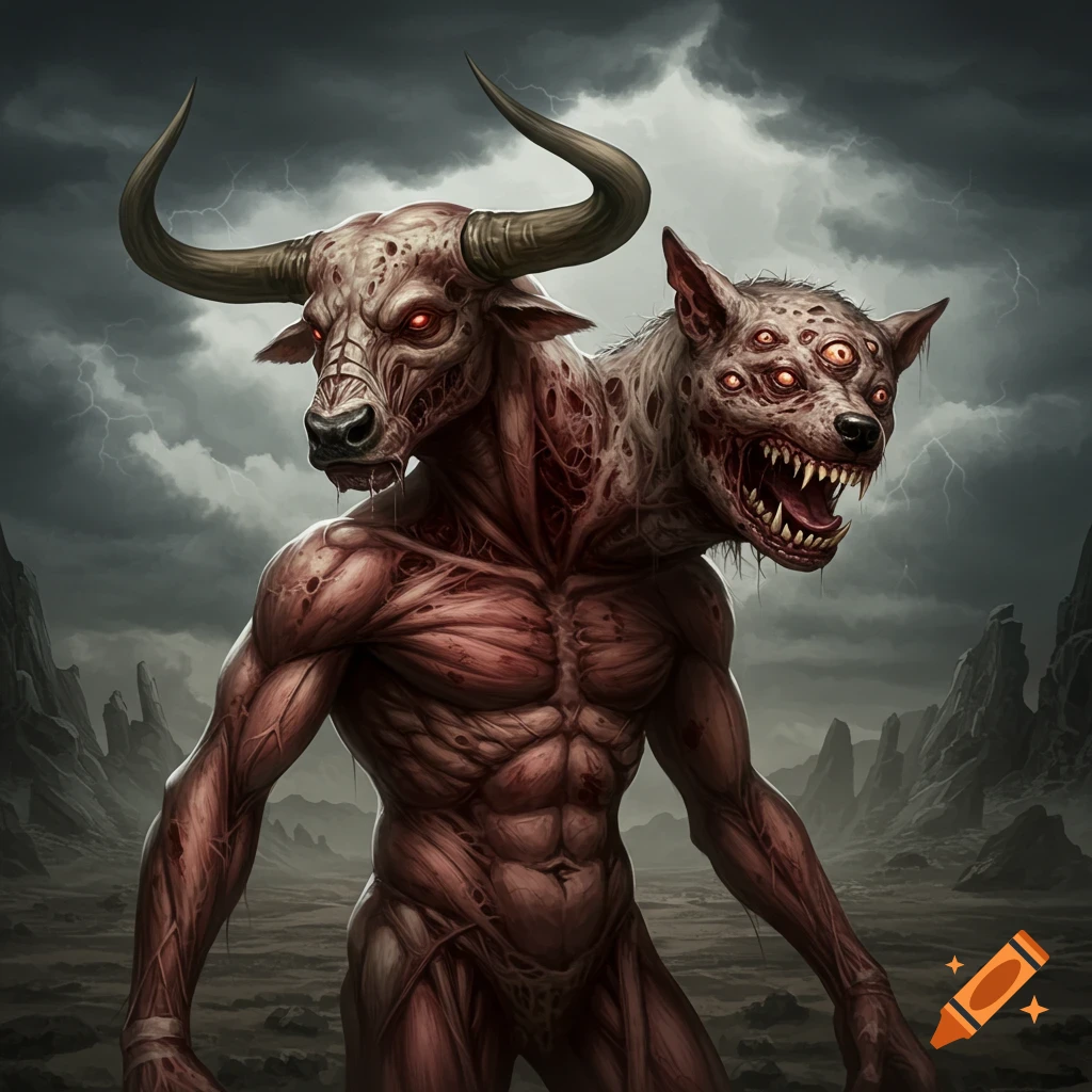 A two-headed muscular creature with a bull head and a multi-eyed dog head in a rocky landscape under a stormy sky.
