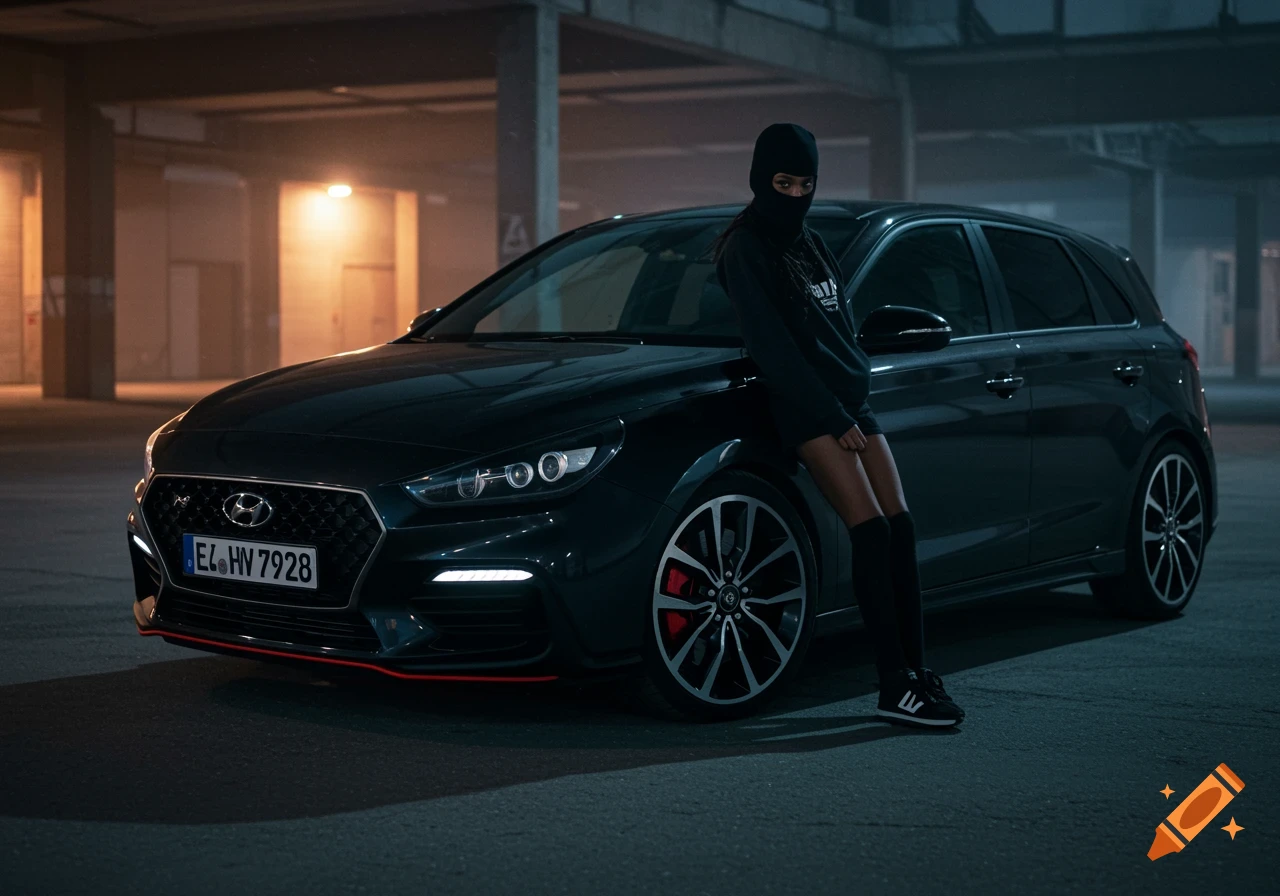 Person in balaclava leans on dark Hyundai I30 N in dimly lit urban setting.