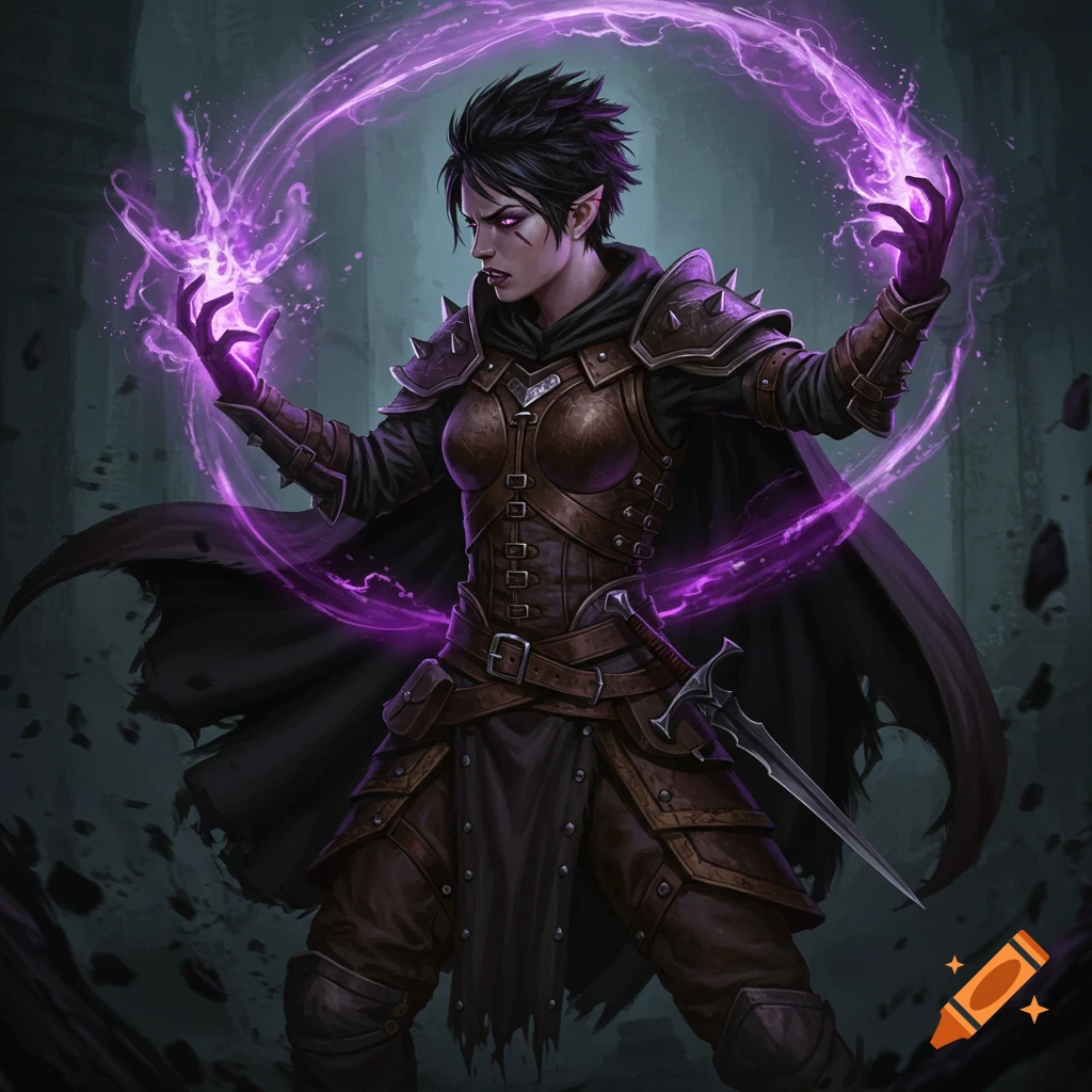 Female warlock in leather armor and black cape casting a purple spell, dagger on belt, semi-realistic fantasy illustration.