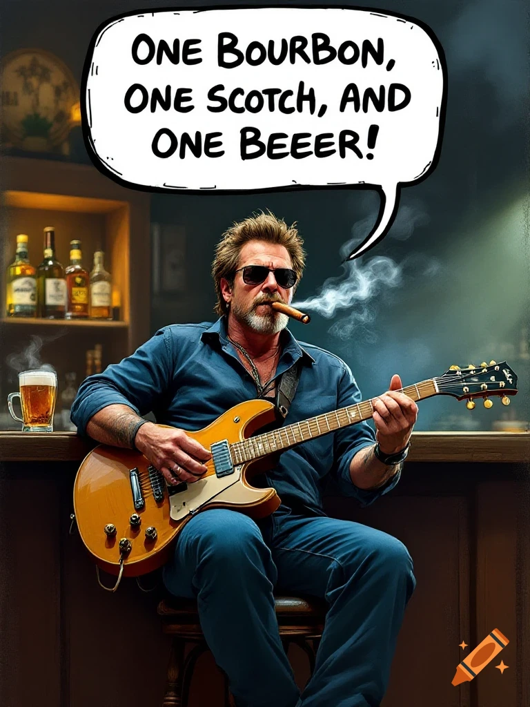 Man playing guitar, smoking cigar at bar with beer and text bubble.