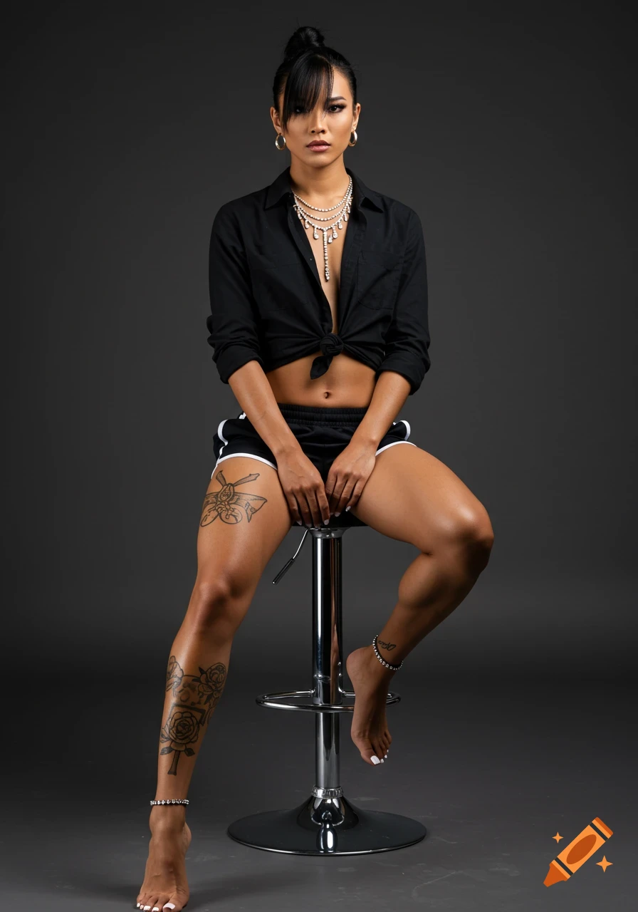 Woman with tattoos wearing a tied shirt and shorts, sitting on a barstool in a studio.