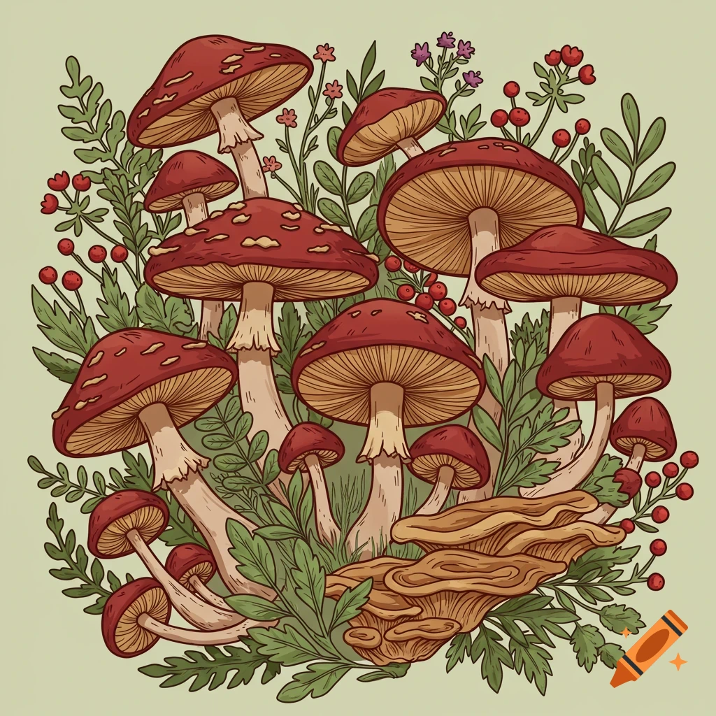 A neo traditional illustration of red-capped mushrooms and green foliage with berries.