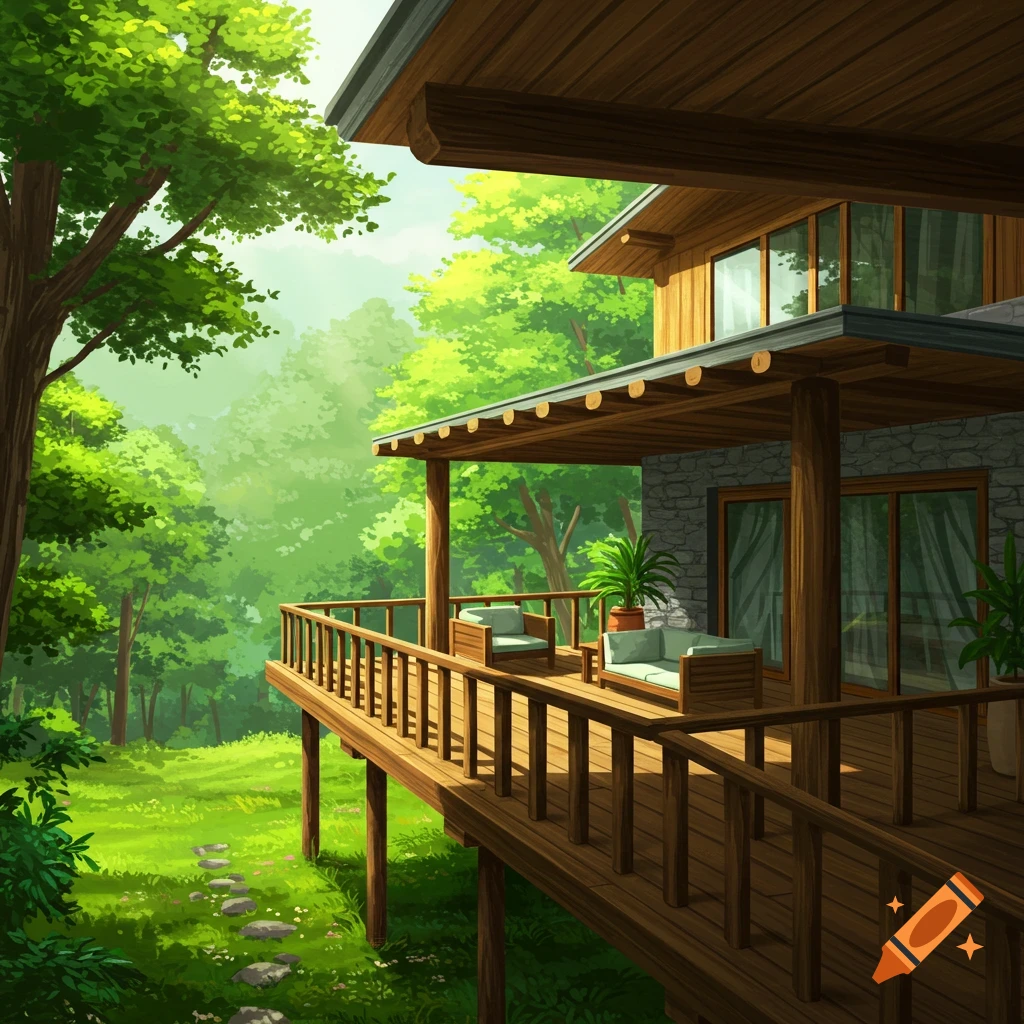 A wooden house with a large deck overlooking a lush green forest.
