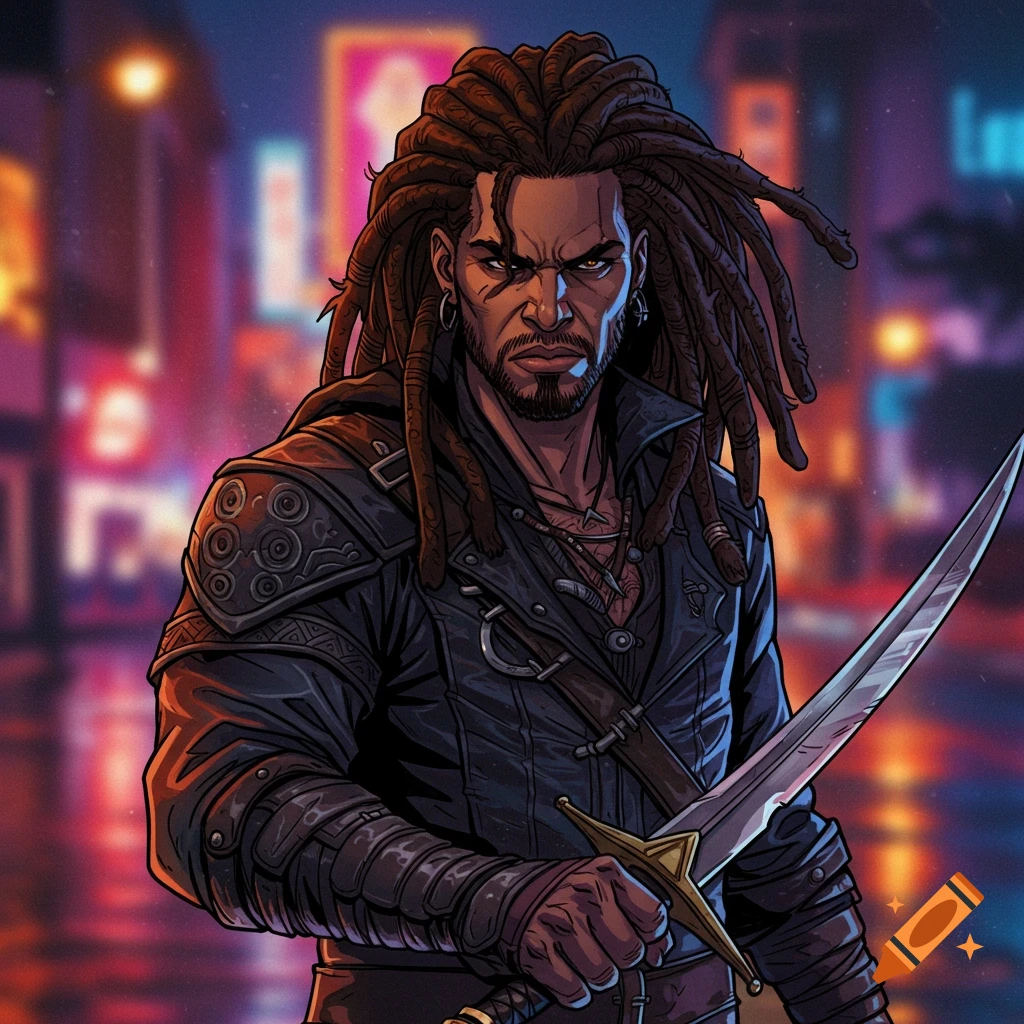 A man with dreadlocks holding a sword in a city at night.
