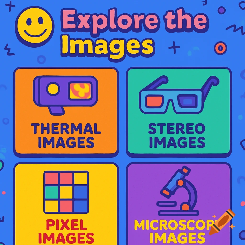 Cartoon design with a smiley face and panels for thermal, stereo, pixel, and microscopy images.
