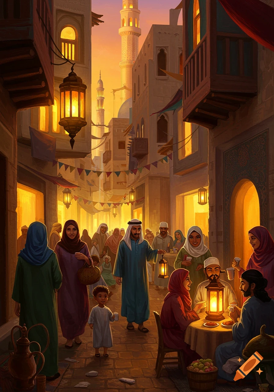 A busy street in a Middle Eastern city at sunset with people and lanterns.