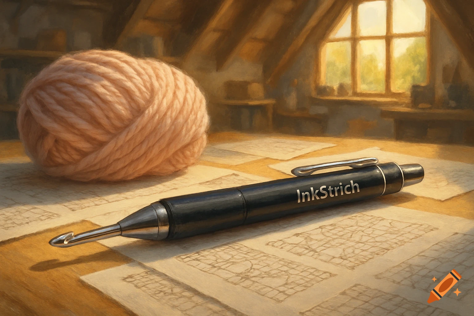 Yarn, a pen with a crochet hook, and patterns are on a desk in a sunlit attic.
