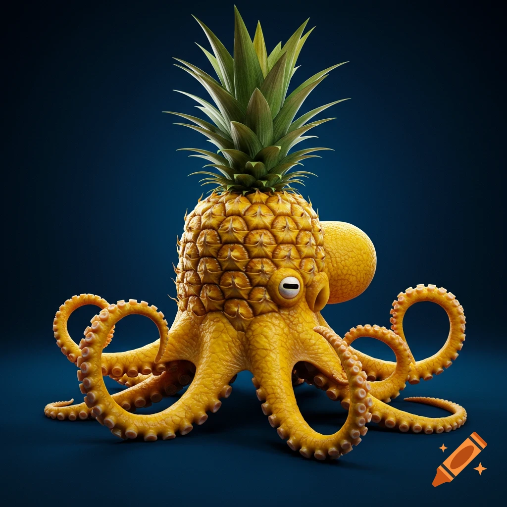 A 3D rendering of a hybrid creature that is half pineapple and half octopus against a dark blue background.