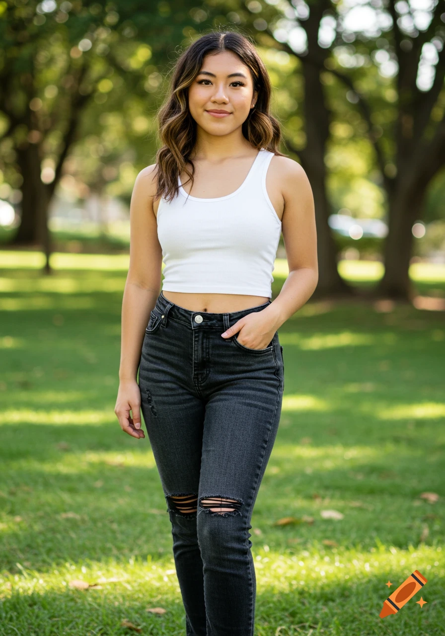 A young woman in a white tank top and dark ripped jeans stands in a park.