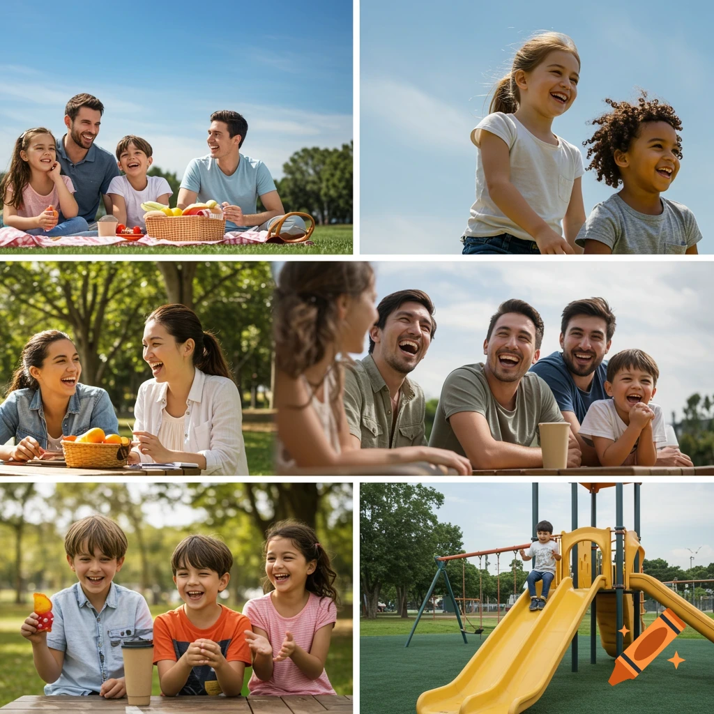 A collage of happy diverse people, including families picnicking, friends laughing, and kids playing at a playground.
