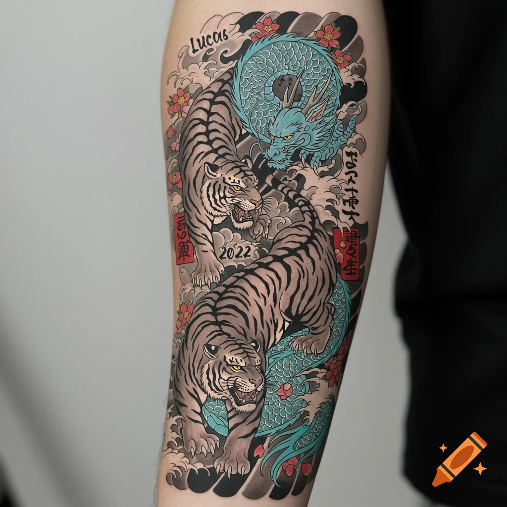 A Japanese style forearm tattoo design featuring a tiger and a dragon amidst waves, clouds, and cherry blossoms.