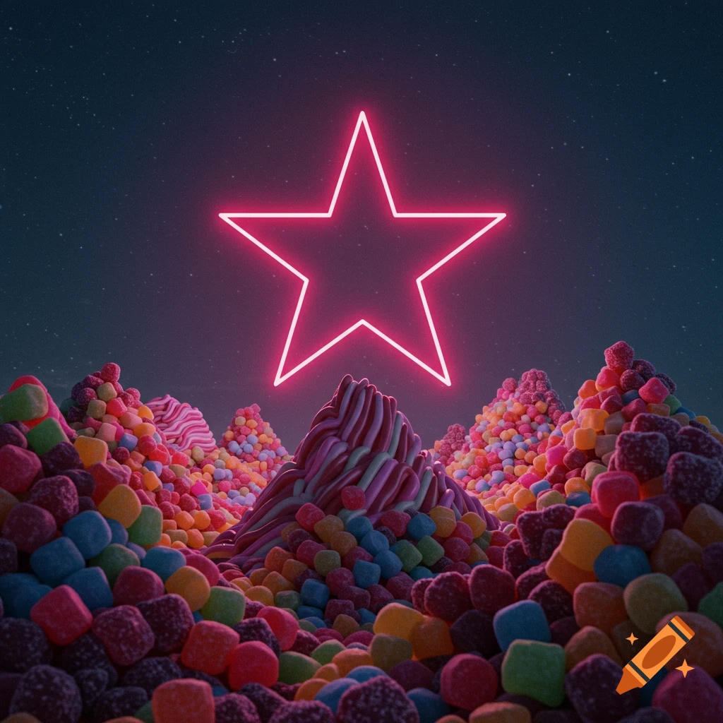 A neon pink star over mountains made of colorful candy under a starry night sky.