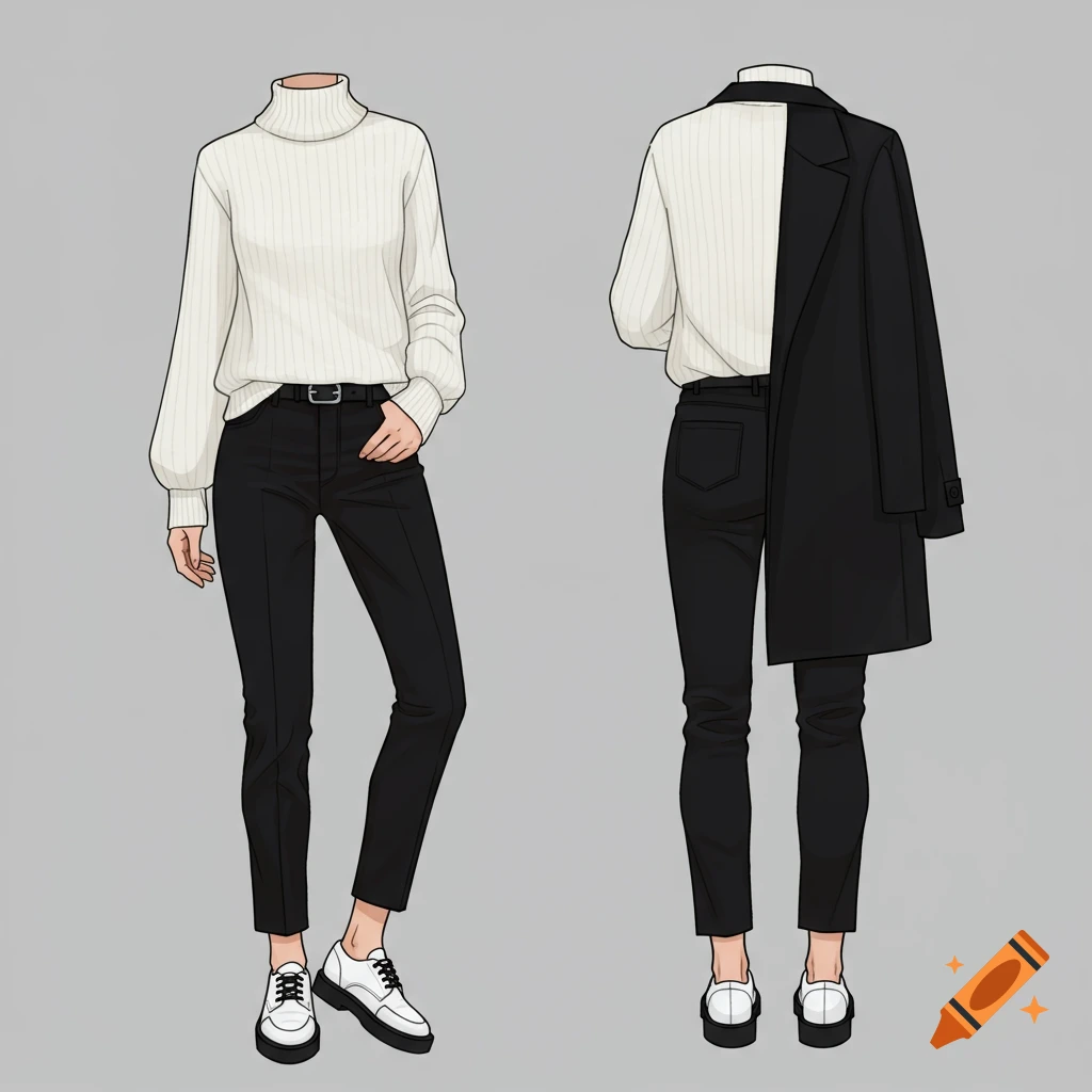 Two views, front and back, of an anime-style outfit: white turtleneck sweater, black pants with belt, black shoes with white soles. A black coat is slung over the shoulders in the back view.