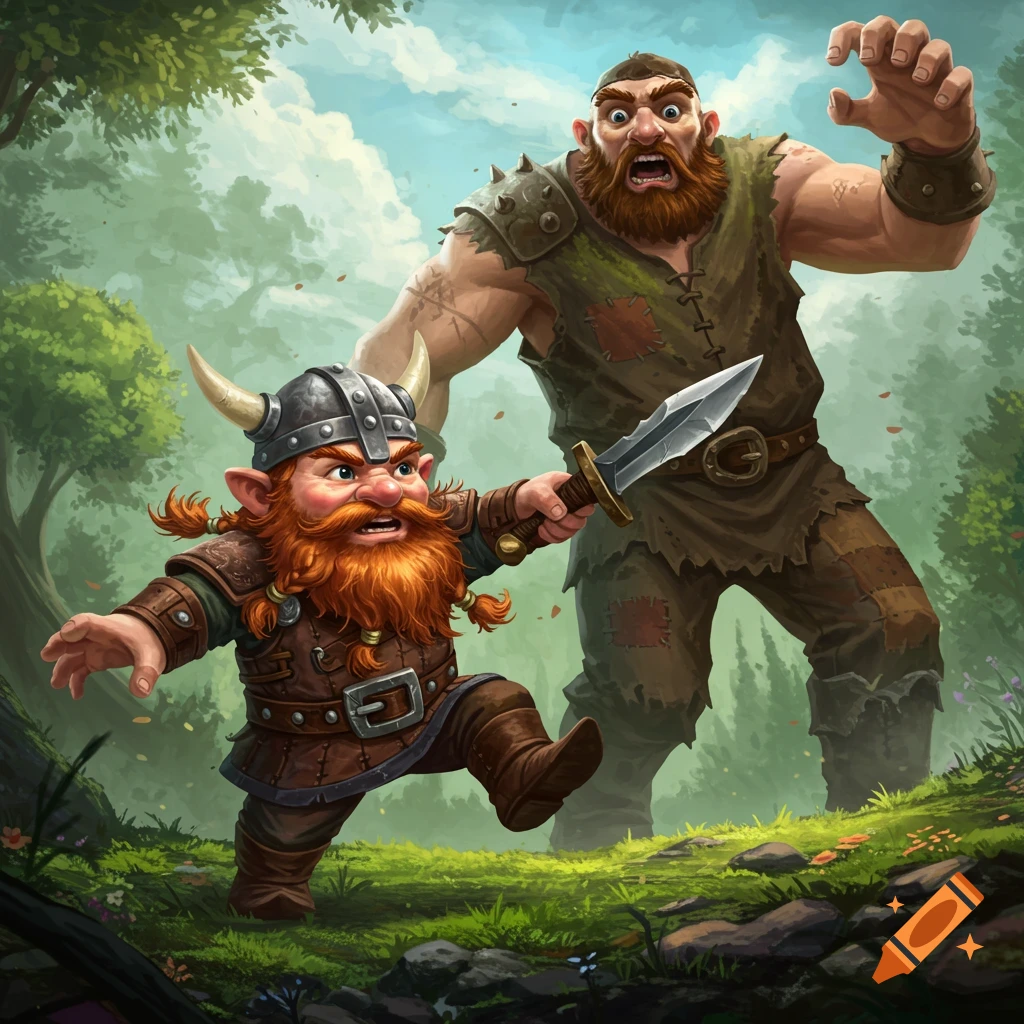 A small fantasy character with a knife faces a giant in a forest.