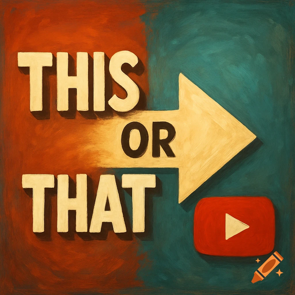'THIS OR THAT' text with an arrow pointing to a YouTube symbol.