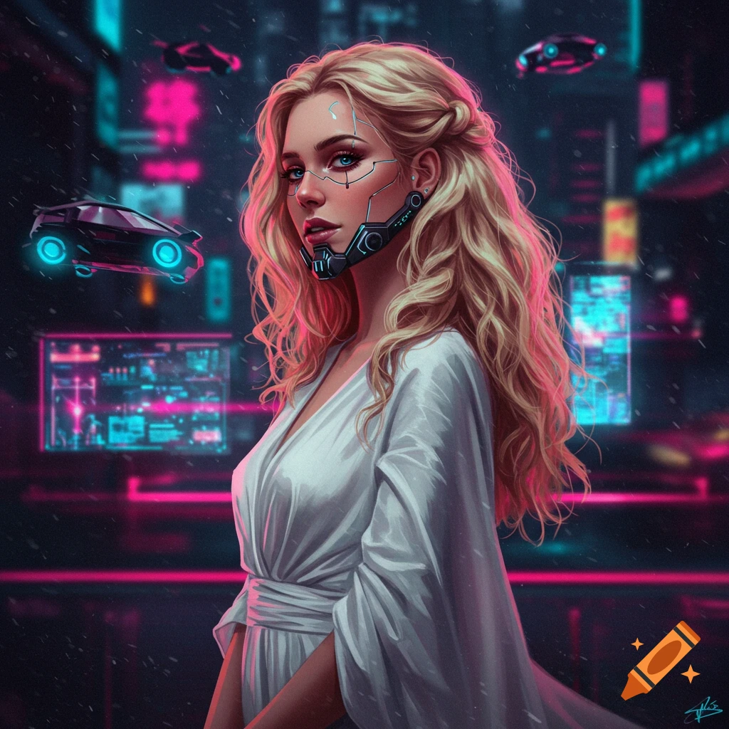 A woman with blonde hair, white dress, and sci-fi mask in a rainy cyberpunk city with flying cars.