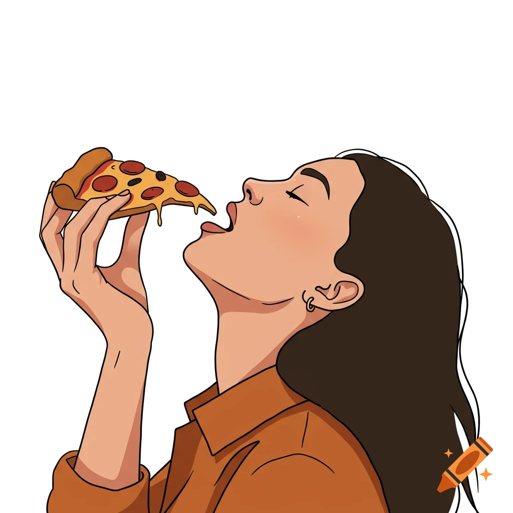 Vector cartoon of a woman viewed from the side tilting her head back to eat a slice of pizza.
