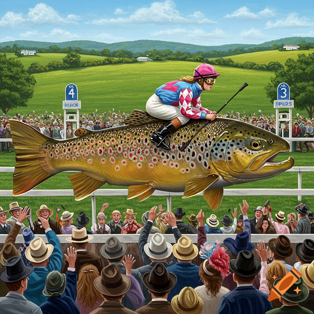 Fish Being Ridden Trout ridden by a jockey at the Kentucky Derby on Craiyon